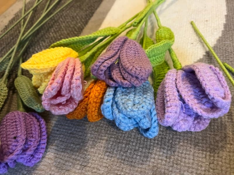 Colorful knitted tulips